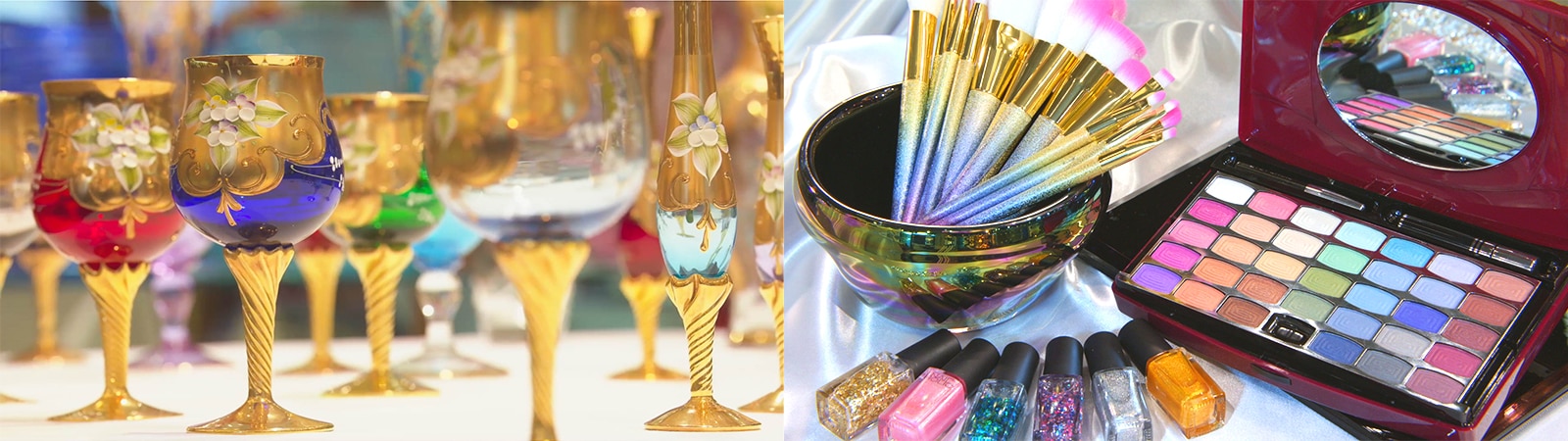 Ornamental wine glasses in different colors with a make-up palette and brushes