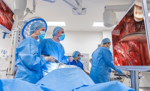 The surgeons are doing the surgery and checking its processes on Sony’s surgical monitors