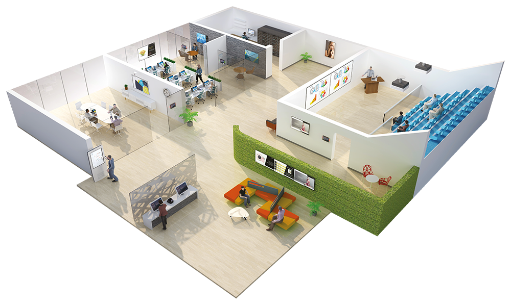 A 3D graphic showing a busy office with TEOS integration in every room