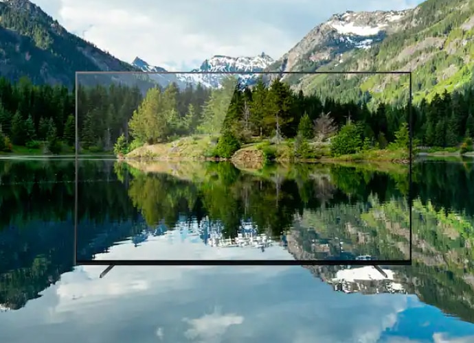 An image of the lake and mountains and the bravia display.