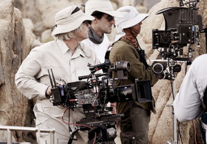 A DoP lines up a shot using the Sony F65 digital cinema camera on location in the desert.