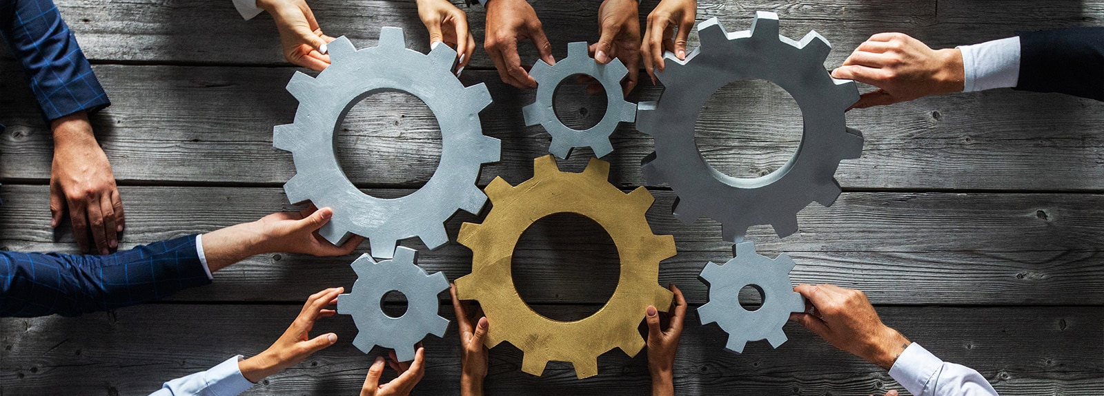 Cogs and gears being assembled together by multiple hands.