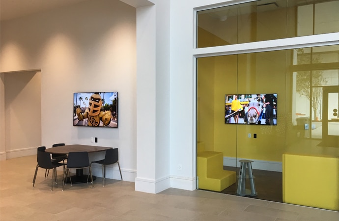 Interior of one of University of Central Florida campus buildings. Bright, Sony BRAVIA Professional Displays are mounted on walls, displaying attractive imagery.