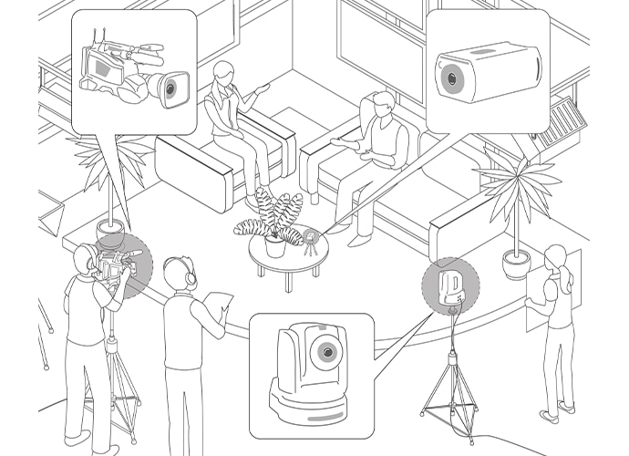 Illustration of small TV studio and camera in position