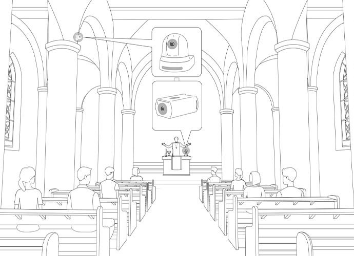 Illustration of house of worship and camera in position