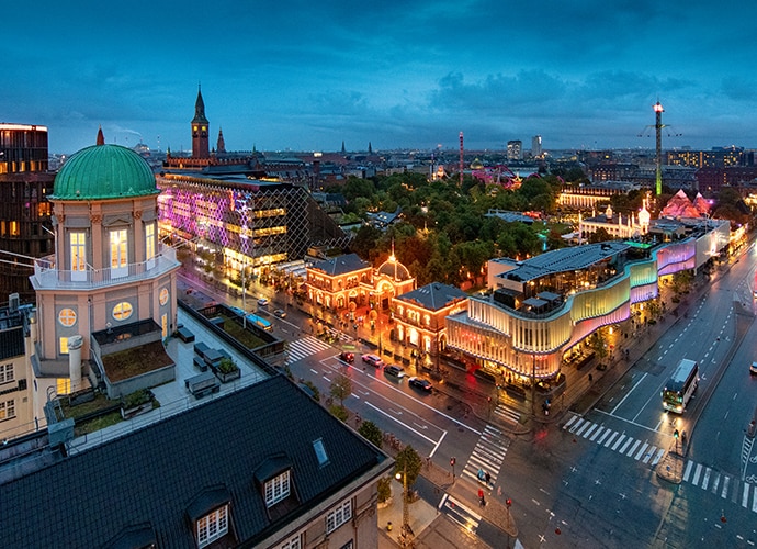 A bird eye view of a city corner