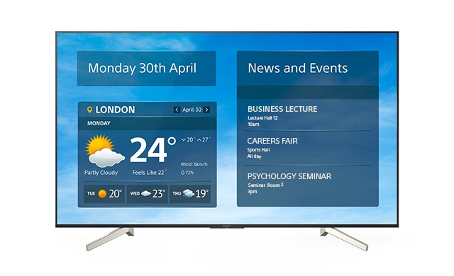 Image showing a Sony BRAVIA monitor with digital signage on-screen, displaying schedule