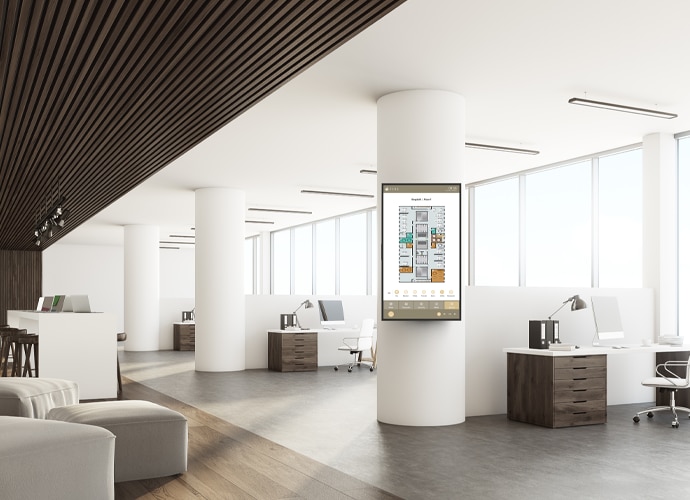 Image showing a BRAVIA Professional Display using TEOS to depict available meeting rooms and spaces within the office.