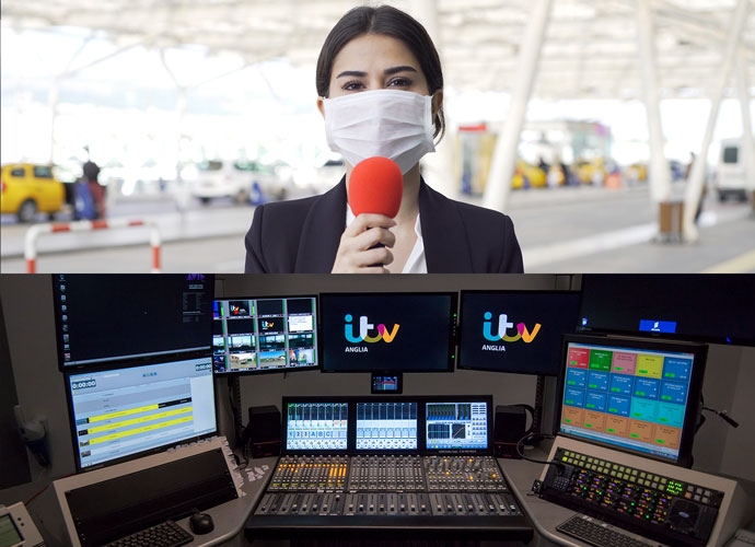 Desk with switchers and monitors. Female reporter with mask speaking into red microphone