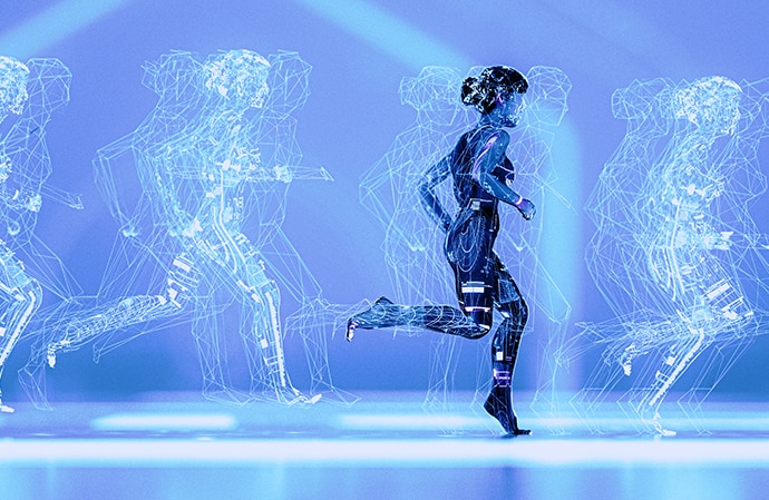 An AI female running with blue light shadows of her running behind and in front of her