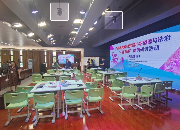 Inside the class room studio with the two PTZ cameras hung on ceiling for automatic tracking