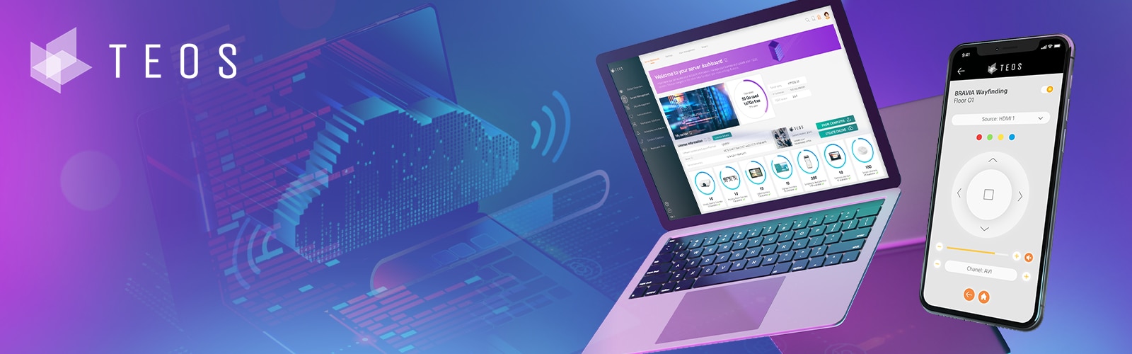 Laptop and smartphone showing TEOS interface and cloud image in the background
