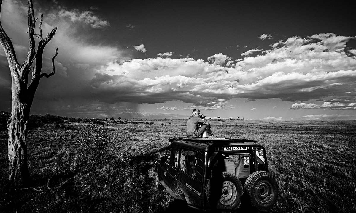 Black and white picture of shoot from top of car