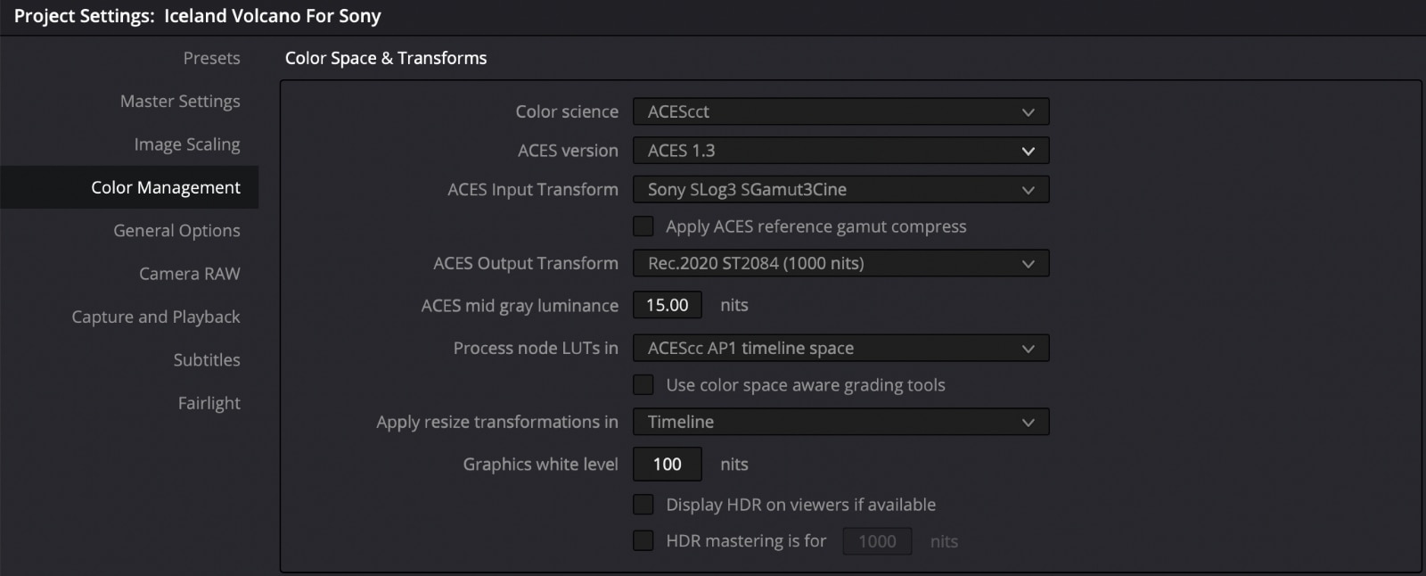 Alister’s color management settings within DaVinci Resolve for an ACES S-Log3 to HDR workflow.