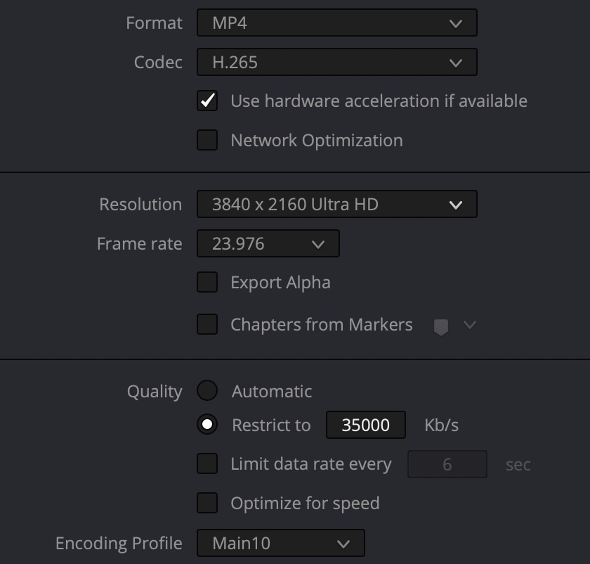 Alister’s codec choices for HDR with quality restricted to 35,000kbps as maximum