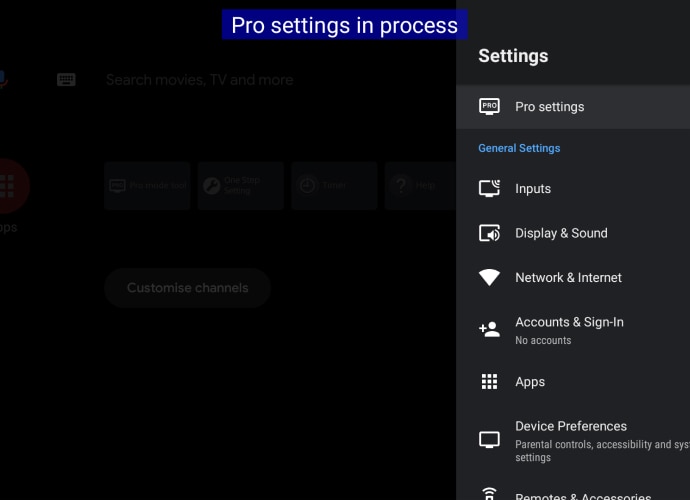 Screenshot of Pro Mode setting on BRAVIA.