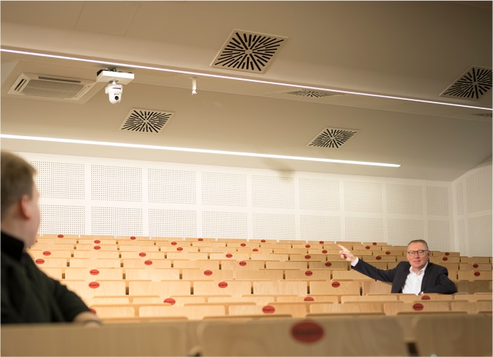 Image of Sony camera on the ceiling of a lecture hall