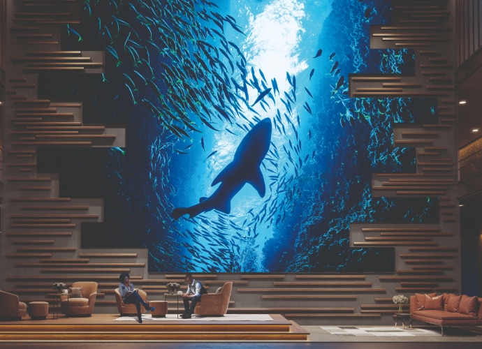 LED wall with an image of an aquarium on a shopping mall