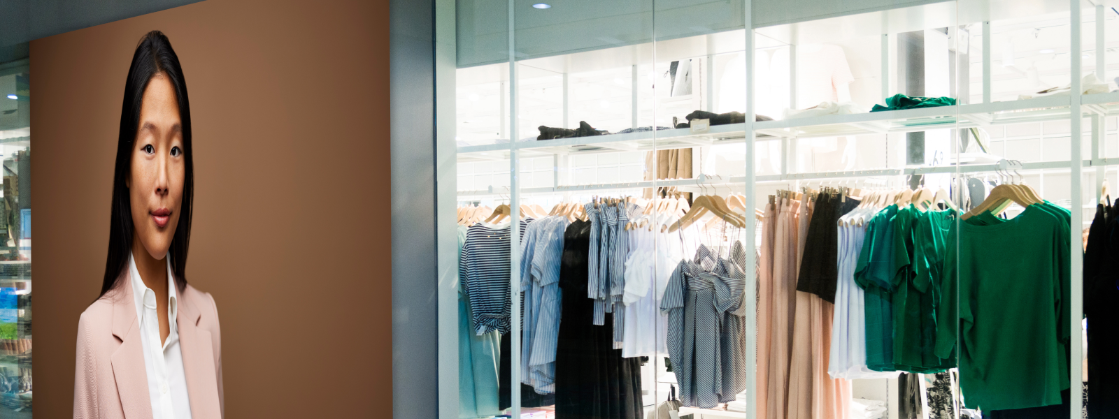 Store with LED wall displaying image of a woman with a pink blazer