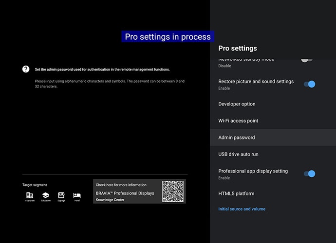 Sony's “Pro settings” screen shows a menu with options for exporting settings, start-up services, USB drive auto run, HTML5 platform, Admin password, AC power one, PC input optimisation and wake-up on signal.