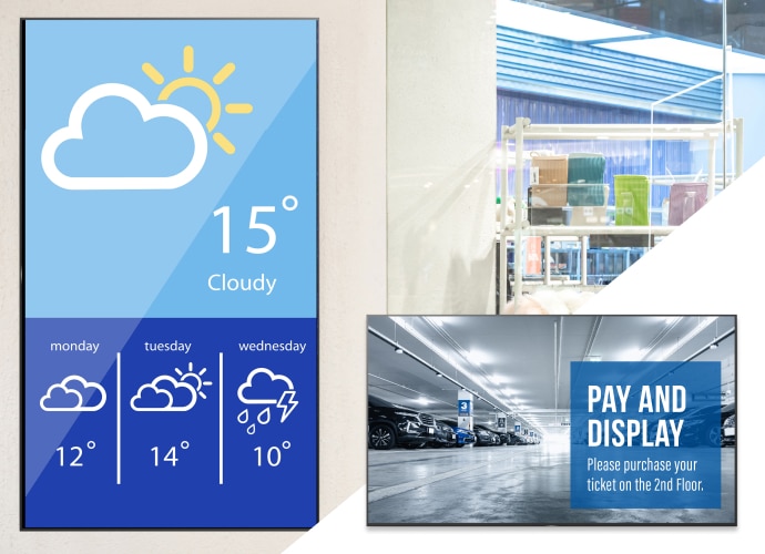 Shopping mall environment with a vertical display with weather information and a horizontal display with parking information