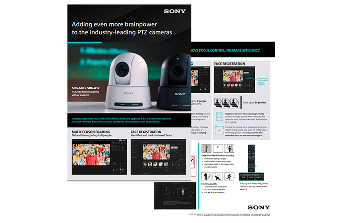 Image with a fade overlay displaying a promotional material for Sony PTZ cameras with text highlighting new features.