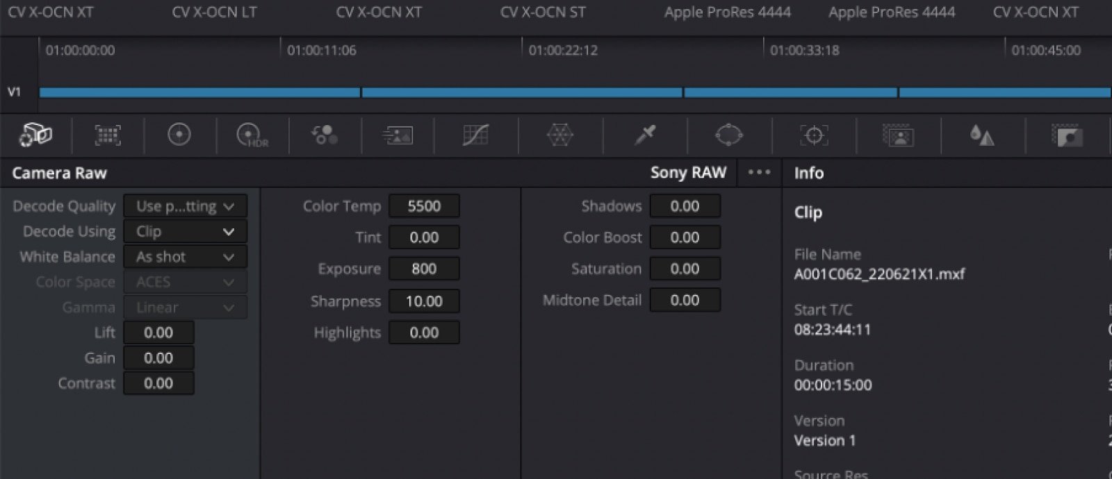 The camera raw settings in DaVinci Resolve