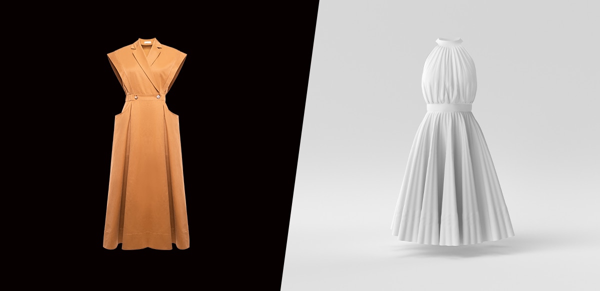 Dress on a black background on the left and dress on a white background on the right.