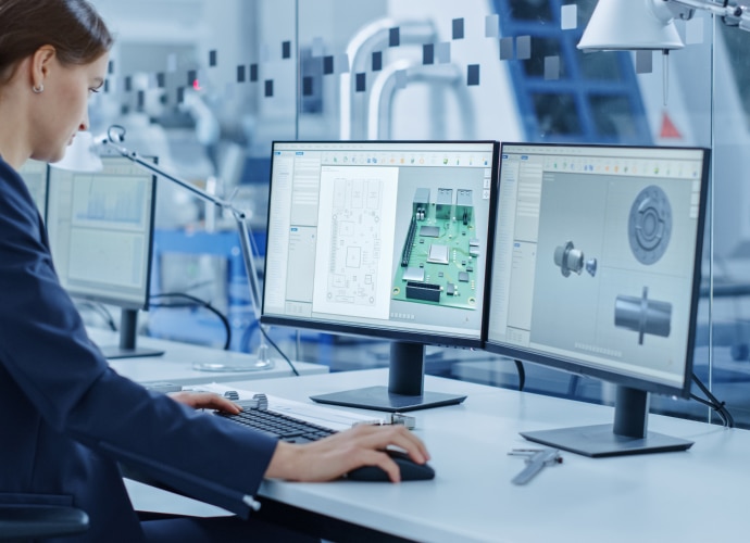 A woman working on two computer screens.