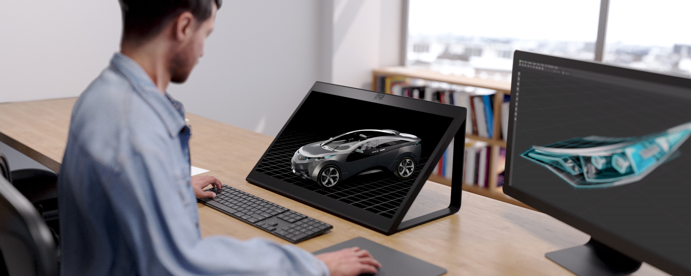 Image of user at a desk viewing the screen and working a new car design.