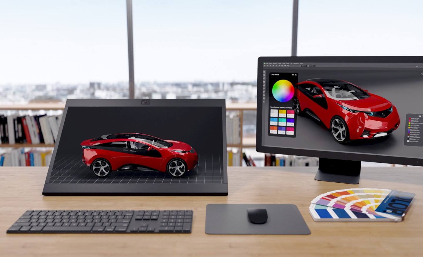 Image showing bright red colors and car design on an office desk.