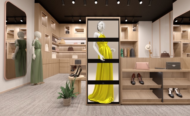 Retail shop for women with SRD displays showing 3D lady in a yellow dress