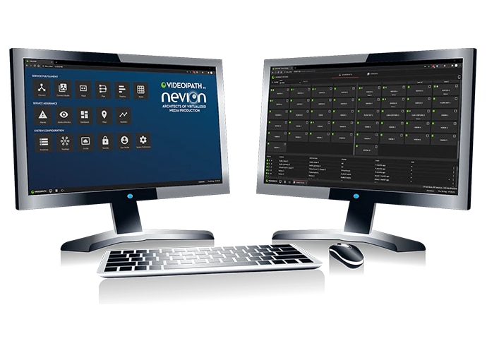 Two monitors and a keyboard with Nevion logo