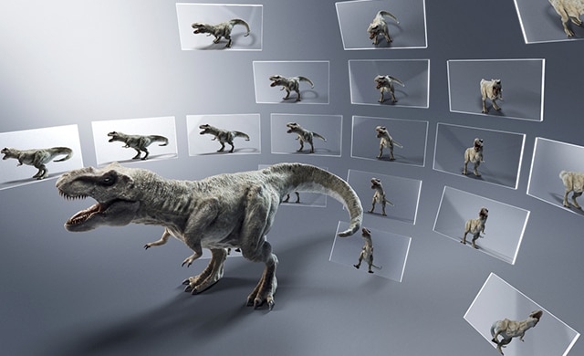 Image du modèle 3D d’un dinosaure montrant différentes vues de SR2