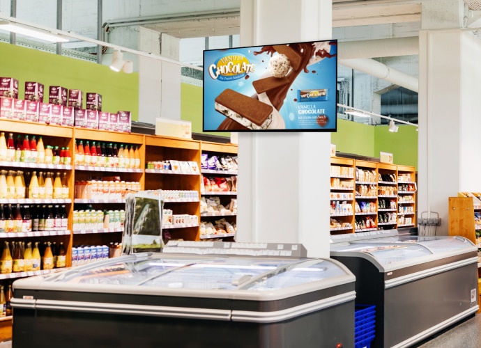 The promotion of an ice cream is shown on a display mounted on a column in a supermarket