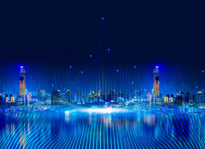 A digital city on a blue background.