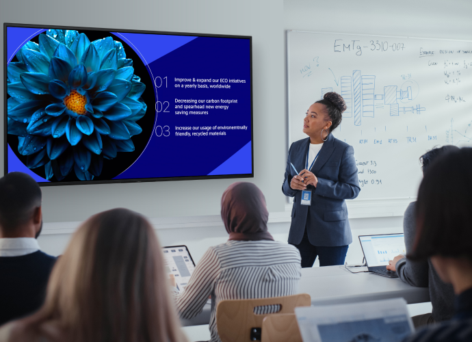 Classroom with professional display mounted on the wall with a high contrast image