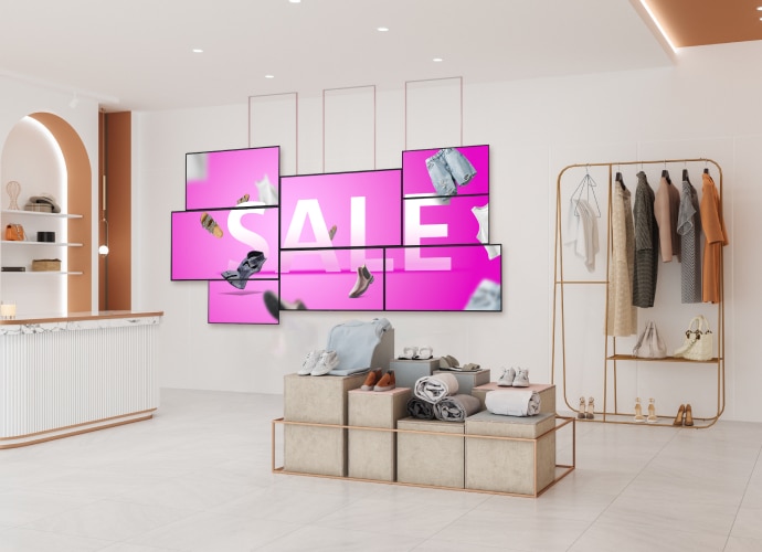 Multiple screen shop wall display with images and large Sale sign