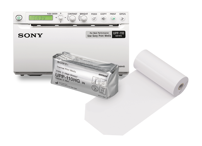 UP-X898MD Sony black and white thermal printer with UPP-110 HG print media on white background