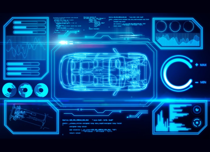 GUI display of a car and its capabilities in blue light