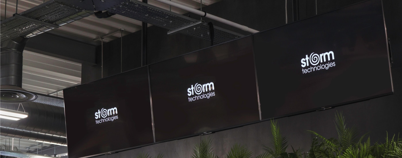 3 Bravia display screens with the Storm Technologies logo on them