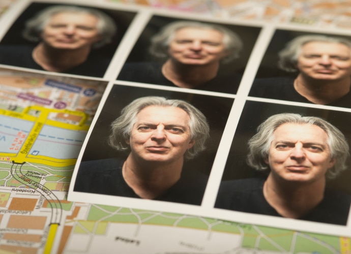 ID photographs of a man with grey hair.