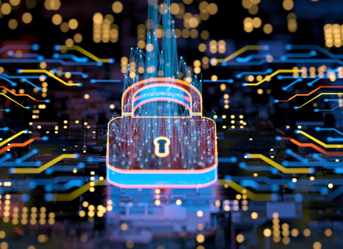 A digital image of a padlock on the colorful background.