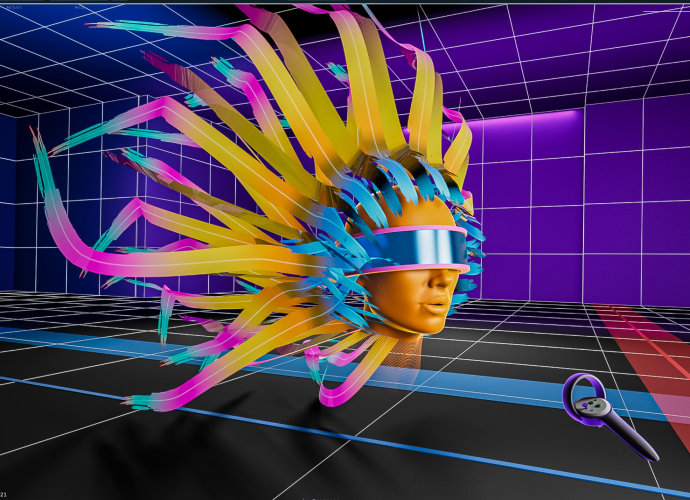 Abstract head in a virtual reality space.