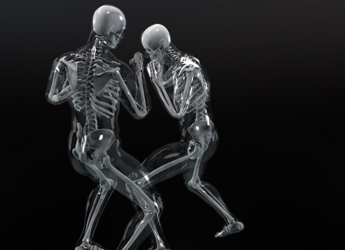 Abstract image of two skeletons fighting.