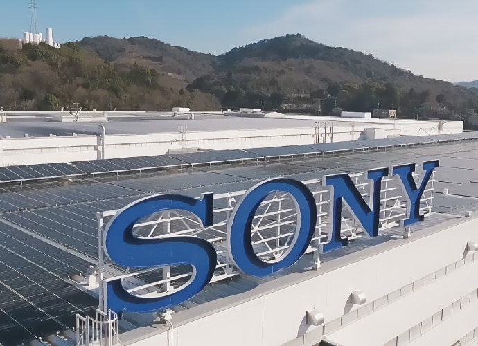 Sony’s plants in Japan and China, with solar panels on the roof and big sony logo