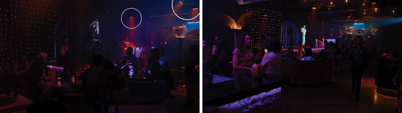 Night club scenes from Netflix’s Stay Close with light sources circled