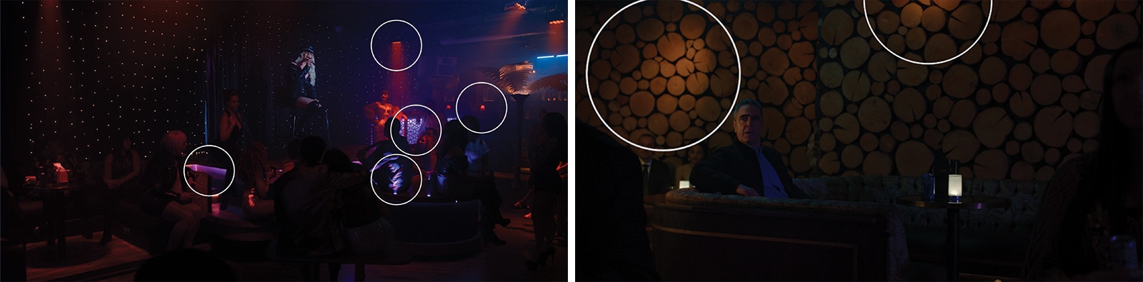 Night club scenes from Netflix’s Stay Close with light sources circled