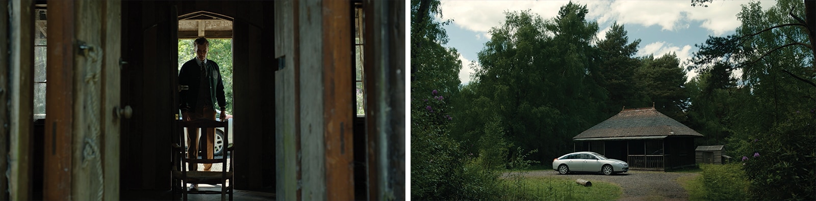 Two shots from Netflix’s Stay Close showing man entering building and exterior shot with car