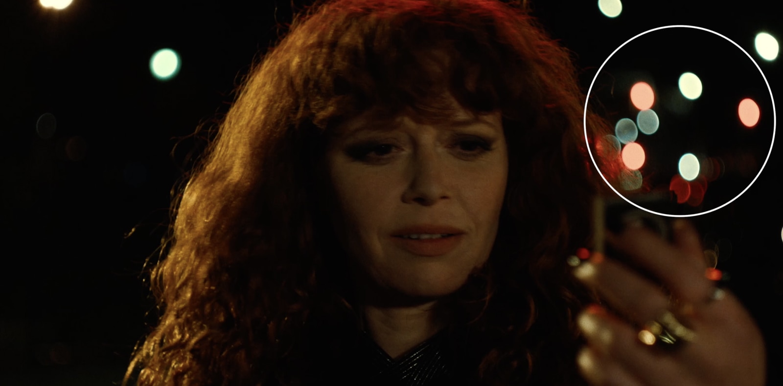 Actress Natasha Lyonne in Russian Doll scene with bokeh effect in background